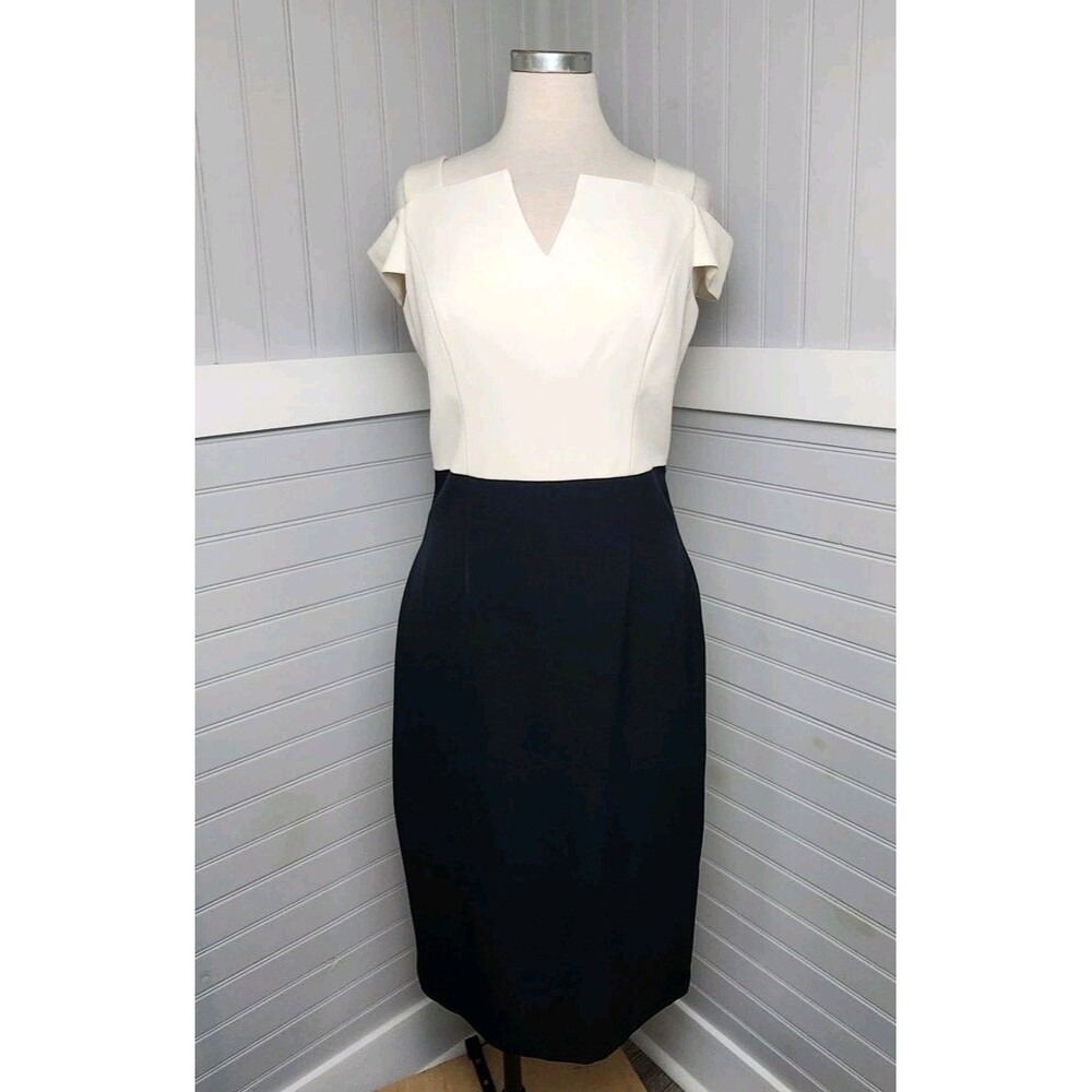 Maggy London Cold Shoulder Midi Sheath Dress Womens 8 Cream/Navy V-Notch Office